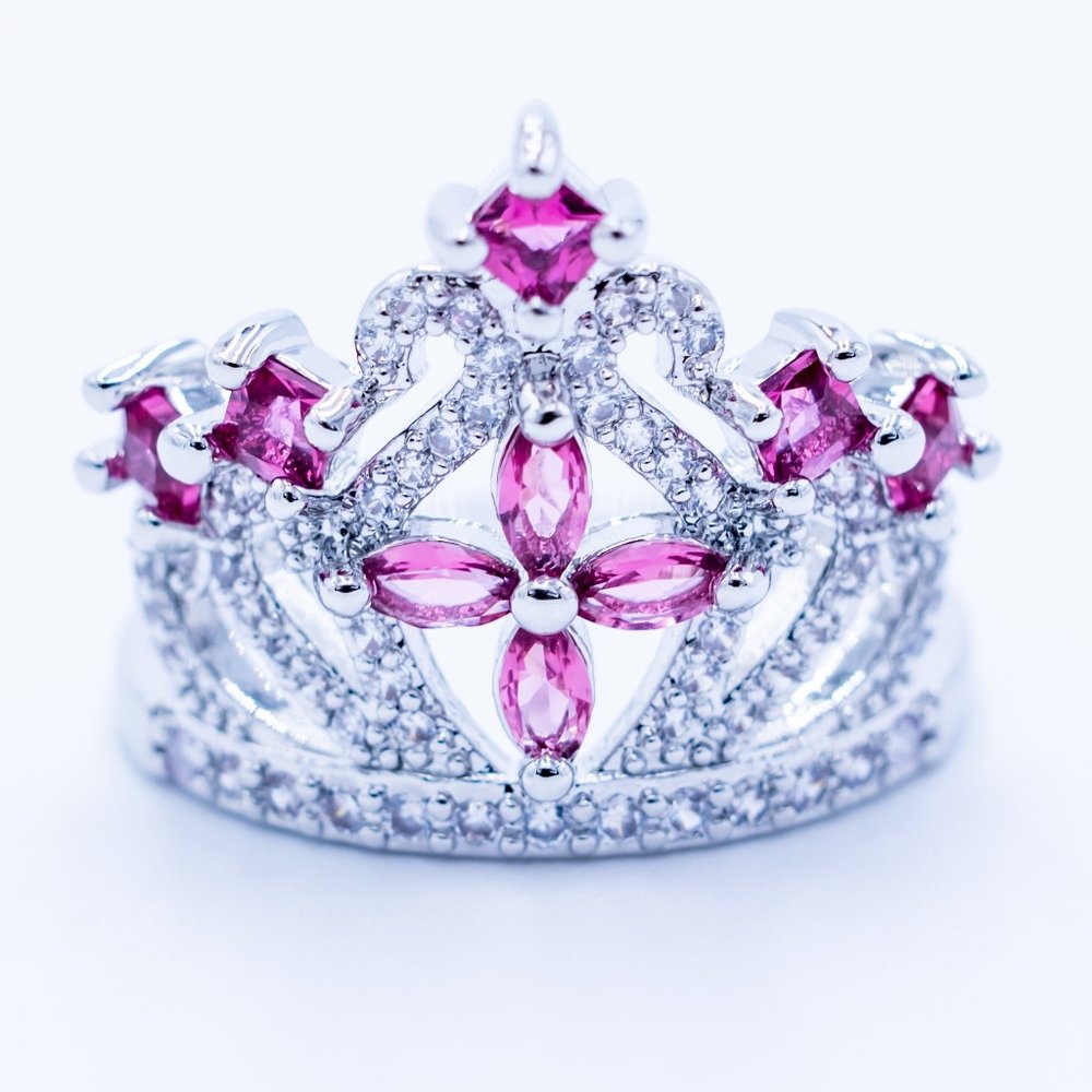 Ruby and Clear Zircon in Silver Crown Ring